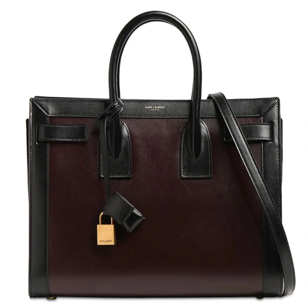 SAINT LAURENT SMALL SAC DE JOUR LEATHER TOTE BAG IN UMBER,NERO - Picture 1 of 16